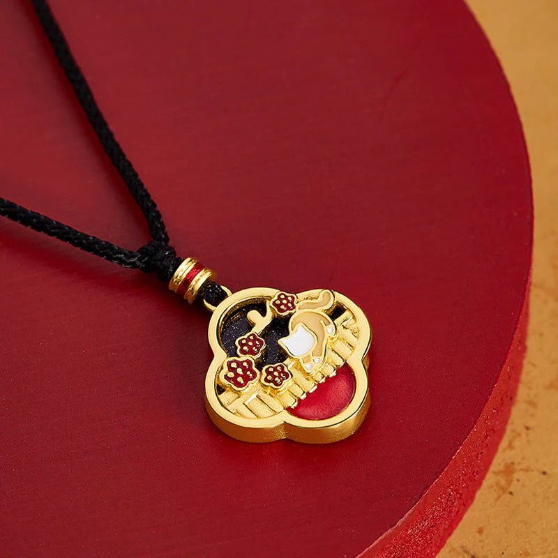 925 Sterling Silver Plum Blossom Cat Four Leaf Clover Blessing Necklace Pendant