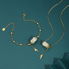 Renbeads 925 Sterling Silver 22K Gold Hetian White Jade Bamboo Leaf Luck Necklace Pendant Bracelet