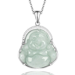 925 Sterling Silver Laughing Buddha Jade Luck Calm Necklace Pendant