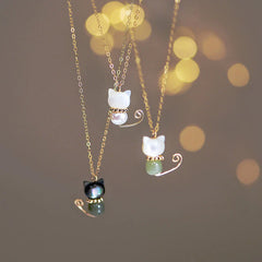 14K Gold Plated Pearl Jade Shell Lucky Cat Necklace Pendant