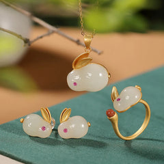 925 Sterling Silver Year of the Rabbit Hetian Jade Luck Ring, Earrings, and Necklace Pendant