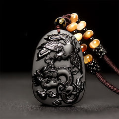 Black Obsidian Tiger Eye Dragon Phoenix Protection Beaded Necklace Pendant