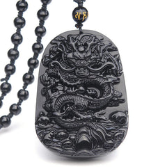 Black Obsidian Stone Dragon Fulfilment Pendant Necklace
