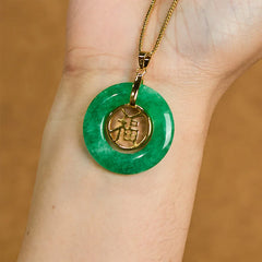 Cyan Jade Fu Character Peace Buckle Luck Necklace Pendant