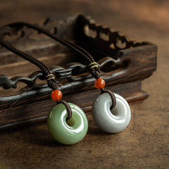 Natural Round Gray Jade Peace Buckle Luck Necklace Pendant