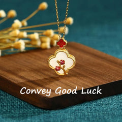 24K Gold Plated White Jade Four Leaf Clover Plum Blossom Luck Necklace and Earrings Set