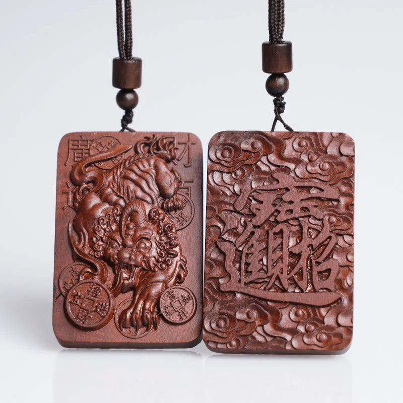 Natural Lightning Struck Jujube Wood PiXiu Copper Coin Good Luck Necklace Pendant