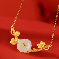 925 Sterling Silver Plated Gold Hetian Jade Plum Blossom Luck Jewelry Set