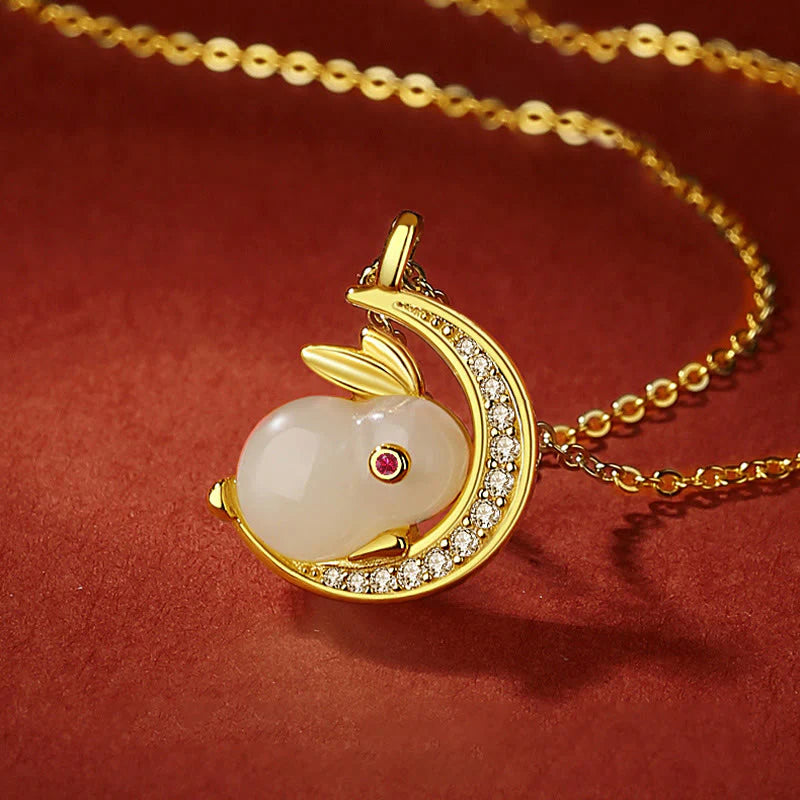 925 Sterling Silver White Jade Rabbit Crescent Moon Luck Necklace Pendant