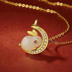 925 Sterling Silver White Jade Rabbit Crescent Moon Luck Necklace Pendant