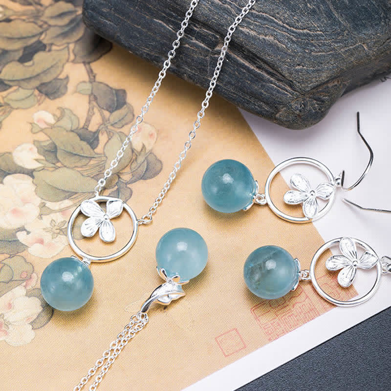 925 Sterling Silver Natural Aquamarine Leaf Flower Peace Earrings and Necklace