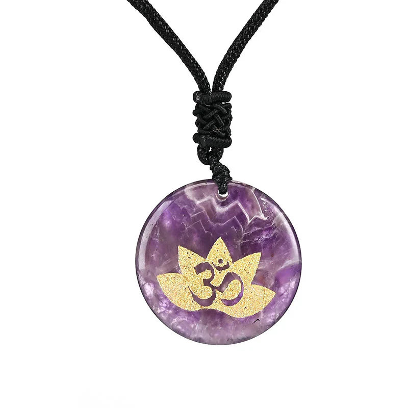OM Lotus Symbol Various Crystal Amethyst Tiger Eye Healing Necklace Pendant