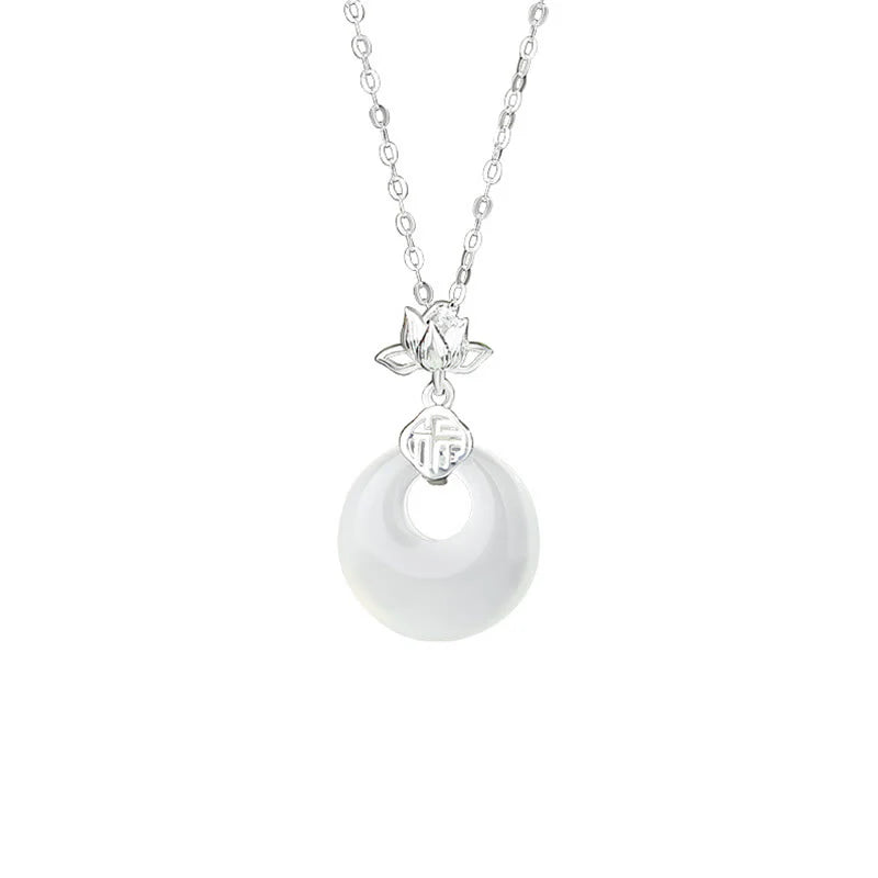 Chalcedony 925 Sterling Silver Lotus Flower Fu Character Peace Buckle Necklace Pendant