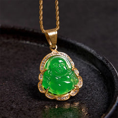 18K Gold Filled Laughing Buddha Jade Luck Necklace Pendant