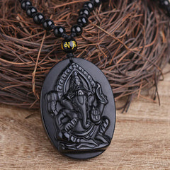 Tibetan Obsidian Elephant Wealth Amulet Necklace