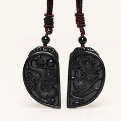 Black Obsidian Love Dragon Phoenix Protection Necklace Pendant