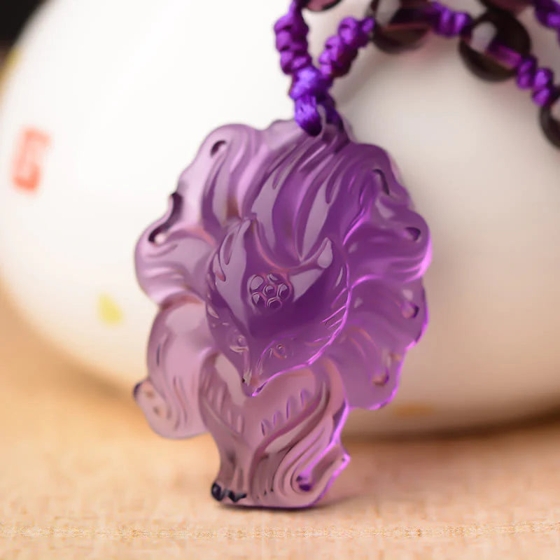 Renbeads Natural Amethyst White Crystal Citrine Nine Tailed Fox Luck Necklace Pendant