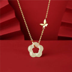 925 Sterling Silver Butterfly Jade Flower Blessing Necklace Pendant
