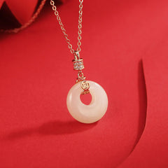 925 Sterling Silver White Jade Coin Flower Peace Buckle Luck Necklace Pendant