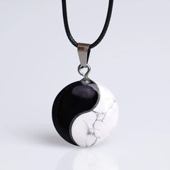 Natural Black Obsidian White Turquoise Yin Yang Rope Necklace Pendant