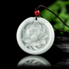 Natural Jade Lotus Flower Carved Prosperity Necklace Pendant