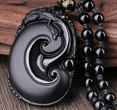 Natural Black Obsidian PiXiu Oval Pattern Necklace Pendant
