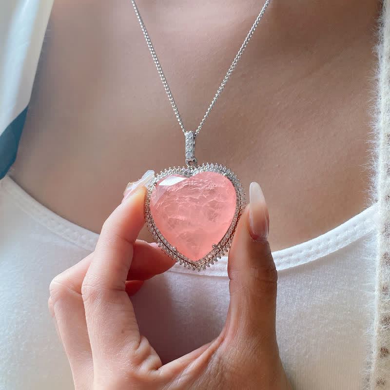 Rose Quartz Crystal Love Heart Necklace Pendant
