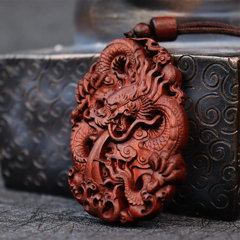 Lightning Struck Jujube Wood Double Dragon Relief Necklace Pendant for Warding Off Evil