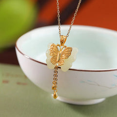 925 Sterling Silver Plated Gold White Jade Butterfly Blessing Necklace Pendant