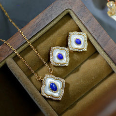 925 Sterling Silver Tridacna Stone Lazurite Prismatic Design Jewelry Set with Earrings and Necklace Pendant
