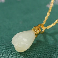 925 Sterling Silver Plated Gold Natural Hetian Jade Magnolia Flower Abundance Necklace Pendant