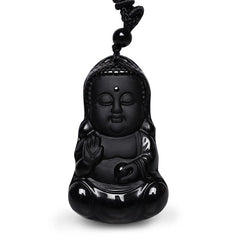 Renbeads Natural Black Obsidian Crystal Buddha Strength Protection Amulet Lucky Charm Pendant Necklace