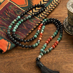 Renbeads 108 Mala Natural Black Onyx Red Jasper Turquoise Beads Buddha Head Tassel Protection Bracelet