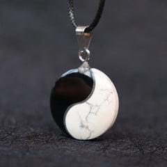 Natural Black Obsidian White Turquoise Yin Yang Rope Necklace Pendant