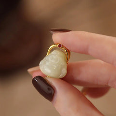 Renbeads 925 Sterling Silver Natural Hetian Jade Laughing Buddha Abundance Chain Necklace Pendant