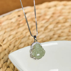 Natural Hetian Jade Laughing Buddha Abundance Necklace Pendant