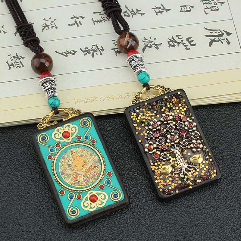 Tibet God of Wealth Money Tree Golden Phoenix Thangka Ebony Necklace Pendant