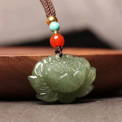 Hetian Cyan Jade Lotus Flower Necklace Pendant