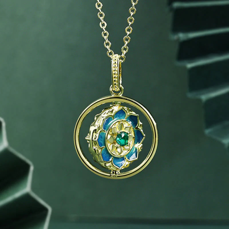 925 Sterling Silver Lotus Flower Floral Zircon Rotatable Necklace Pendant