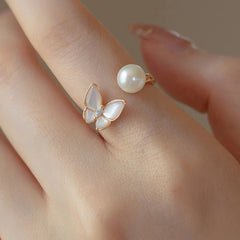 14K Gold Plated Copper Pearl and Shell Stone Butterfly Jewelry Set (Ring, Bracelet, Necklace, Pendant, Earrings)