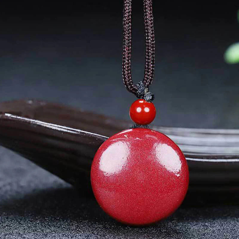 Natural Cinnabar Yin Yang Design Braided Necklace Pendant