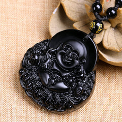 Laughing Buddha Black Obsidian Pendant Necklace for Strength and Protection