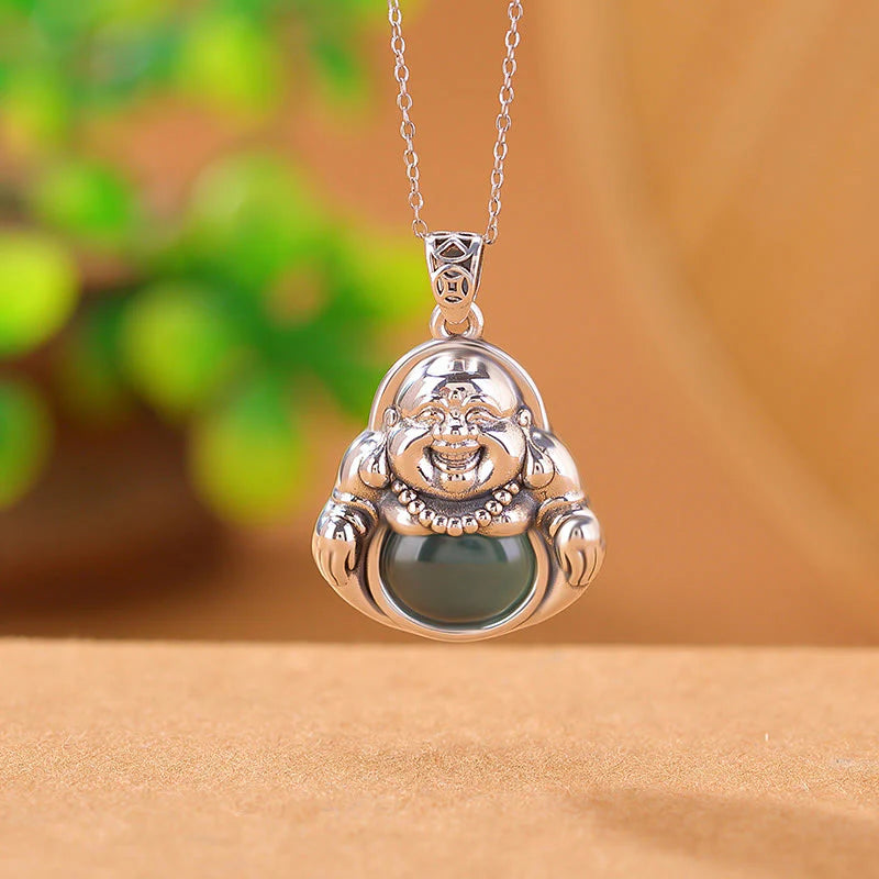 999 Sterling Silver Laughing Buddha Cyan Jade Lotus Necklace Pendant
