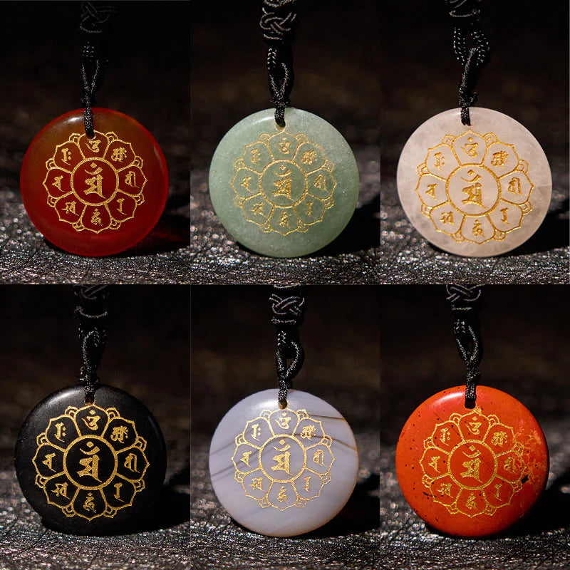 Om Mani Padme Hum Natural Various Crystal Black Obsidian Strength Necklace Pendant