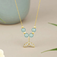 925 Sterling Silver Hetian Jade Bead Fishtail Luck Necklace Pendant
