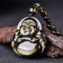 Laughing Buddha Gold Sheen Obsidian Wealth Necklace Pendant