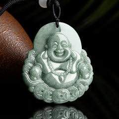 Laughing Buddha Natural Jade Copper Coin Abundance Necklace Pendant