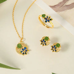 925 Sterling Silver Natural Cyan Jade Flower Luck Necklace, Pendant, Ring, and Earrings Set