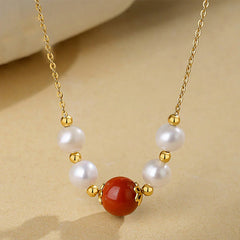 925 Sterling Silver Pearl Cinnabar Healing Bead Chain Necklace Pendant