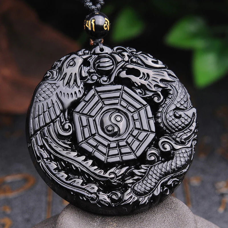 Bagua Dragon Phoenix Obsidian Fulfillment Pendant Necklace